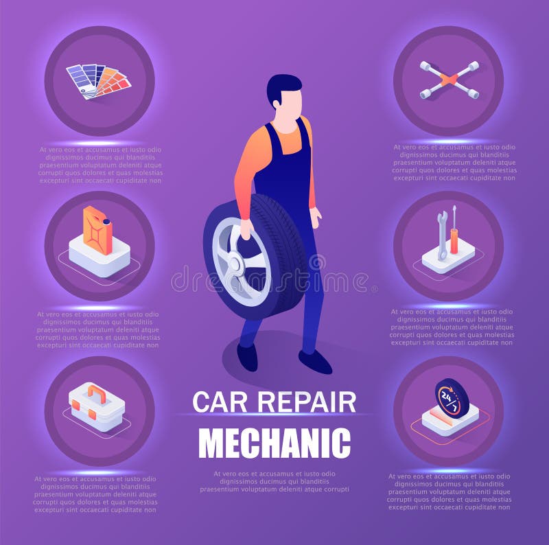 Mecânico Infographic Isometric Banner do reparo do carro ilustração do vetor Mecânico Infographic Isometric Banner do reparo do carro ilustração do vetor