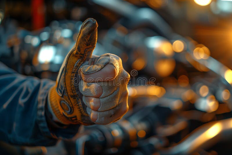 A mechanics hand, covered in a greased, yellow glove, gestures a thumbs-up in front of a blurred garage workspace, signaling a job well done. AI generated. A mechanics hand, covered in a greased, yellow glove, gestures a thumbs-up in front of a blurred garage workspace, signaling a job well done. AI generated
