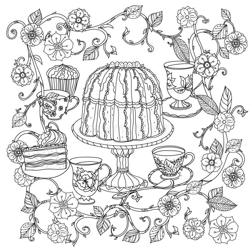 Uncoloured Orient floral black and white ornament in adult coloring book style. With elements of time for tea, cups, teapot, cake and cupcakes. Could be use for adult coloring book in zenart style. Uncoloured Orient floral black and white ornament in adult coloring book style. With elements of time for tea, cups, teapot, cake and cupcakes. Could be use for adult coloring book in zenart style.