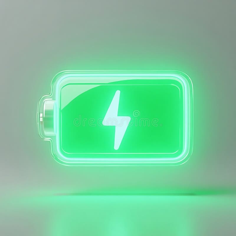 Med en grön batterisymbol som växer blir energin strålande och energitillförseln en kraftig symbol med full laddning och gränslös stock illustrationer