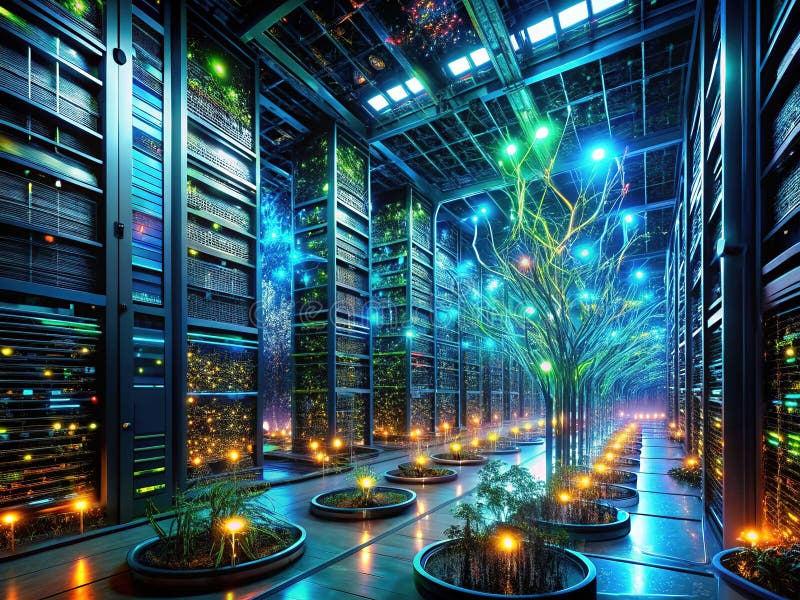 Med en växande, surreal Data Center Futuristic Technology Art utforskas det intricate-nätverket för ett dynamiskt serverkomplex vektor illustrationer