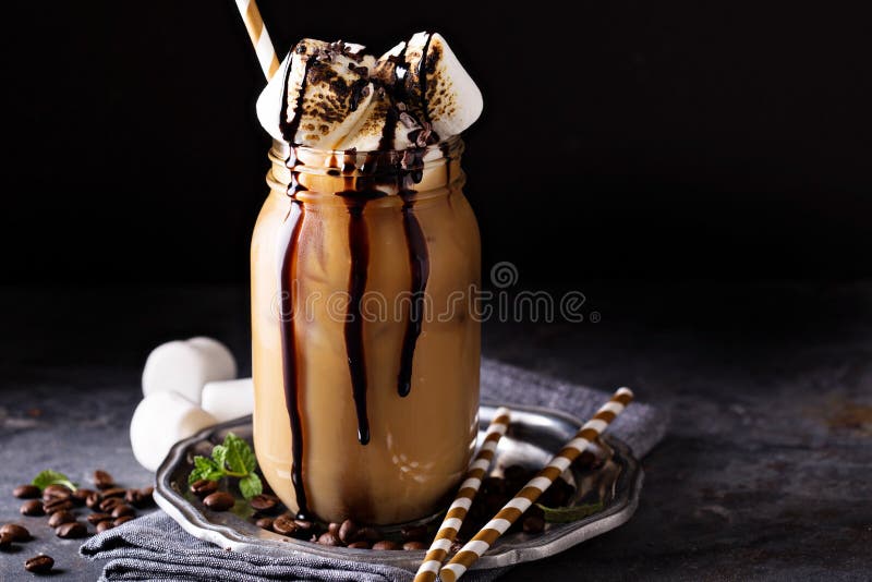 Med is kaffe med den rostade marshmallowen royaltyfri bild
