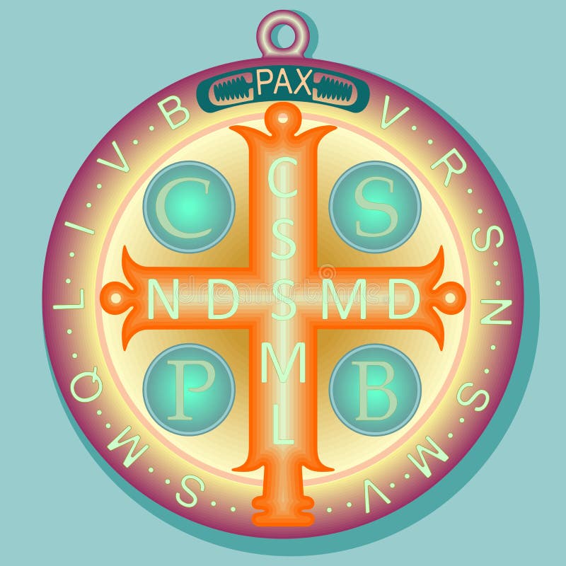 Medal St Benedykt z Przecinającymi i początkowymi listami Łacińska modlitwa ilustracji Medal St Benedykt z Przecinającymi i początkowymi listami Łacińska modlitwa ilustracji