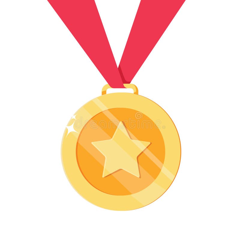 Golden Award Sport Medal For Winners With Blue Ribbon Stock