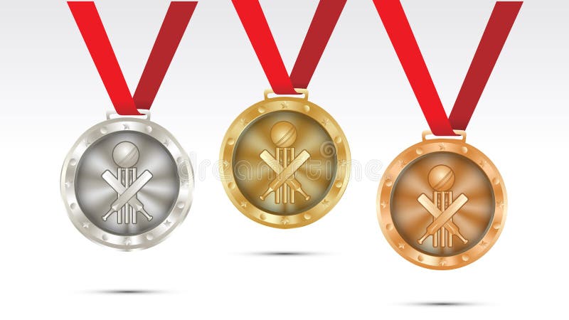 Medalha do ouro, do prata e a de bronze do campeão do grilo ajustada com ilustração vermelha do vetor da fita ilustração do vetor Medalha do ouro, do prata e a de bronze do campeão do grilo ajustada com ilustração vermelha do vetor da fita ilustração do vetor