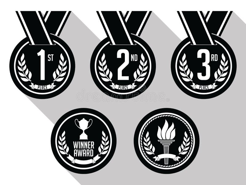 Medaljer med bandet plant bronze guldmedaljer inställd silver svart white stock illustrationer Medaljer med bandet plant bronze guldmedaljer inställd silver svart white stock illustrationer