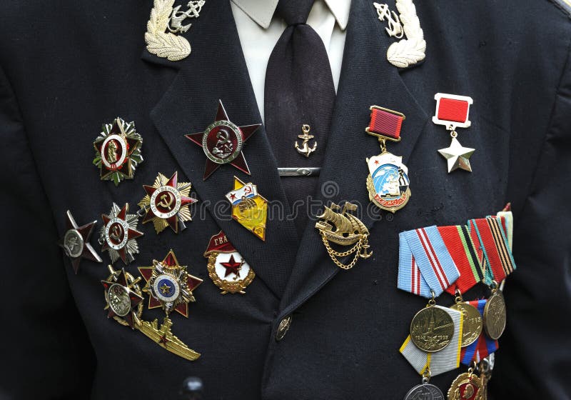 Medals and the Gold Star Medal of Hero of the Soviet Union on an uniform of a veteran of the Great Patriotic War. Celebration of Victory Day. May 9, 2019. Kiev, Ukraine