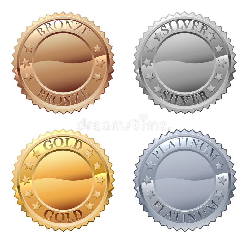 Medailí sada skladajúca sa z ikon platina, zlato, striebro odznaky.