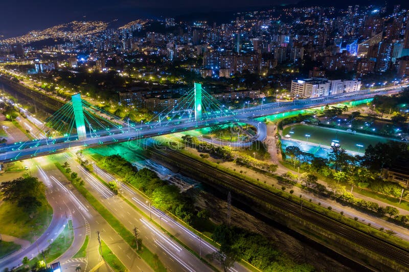 Colorful Night View of the MedellÃ­n 4 Sur Bridge