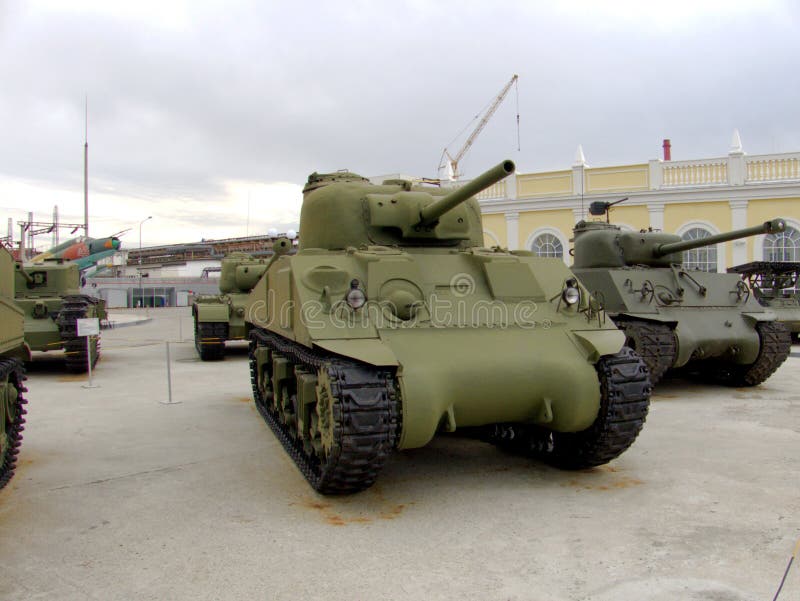 Upper Pyshma, Russia - 13.10.2022: Museum of Military Equipment. Medium tank M4A4 Sherman, 1942-1943, USA. Combat use in World War II, military conflicts of the second half of the twentieth century. Upper Pyshma, Russia - 13.10.2022: Museum of Military Equipment. Medium tank M4A4 Sherman, 1942-1943, USA. Combat use in World War II, military conflicts of the second half of the twentieth century