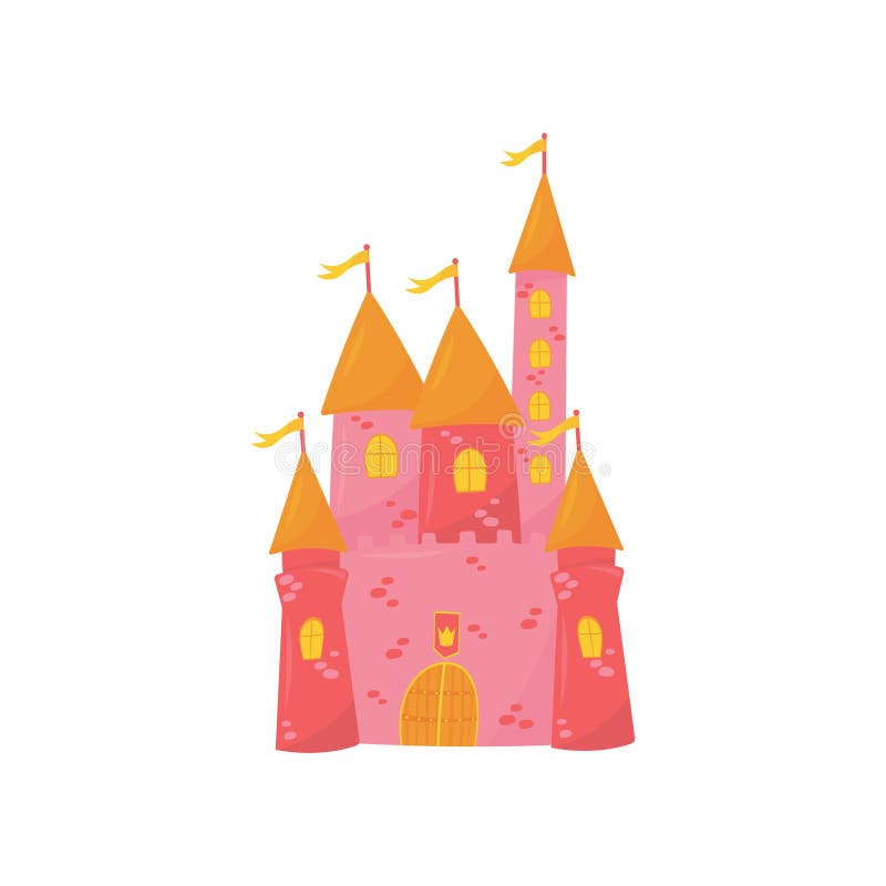 Medeltida slott med att flankera torn, träporten och flaggor på det koniska taket Rosa prinsessaslott Sagabyggnad stock illustrationer Medeltida slott med att flankera torn, träporten och flaggor på det koniska taket Rosa prinsessaslott Sagabyggnad stock illustrationer
