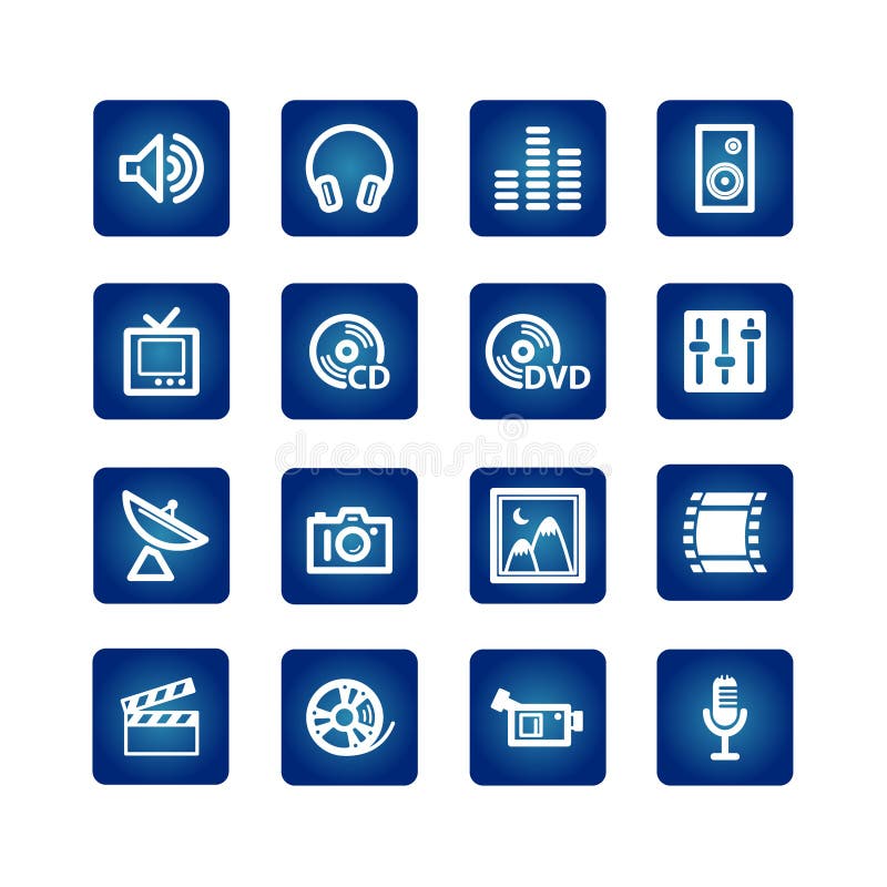 Media icon set on the blue background