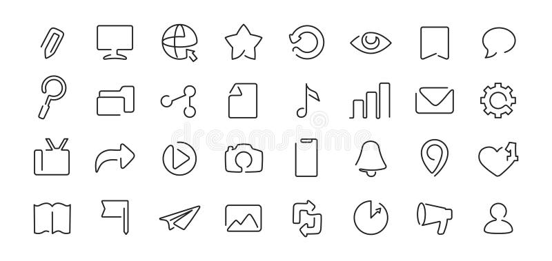 Media interface one line icons. Navigation, toolbar and settings, email and camera, heart and location, music continuous line royalty free stock image