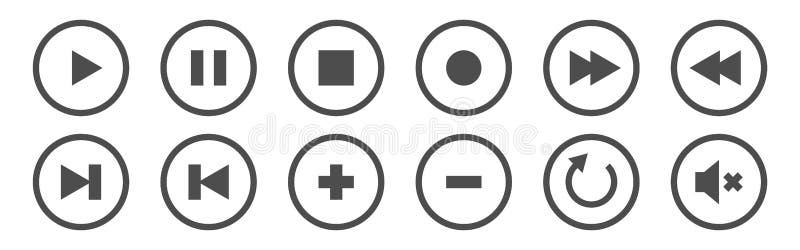 Media player buttons. Control icons set. Play, stop, pause and rewind elements on white background. Video and audio vector illustration