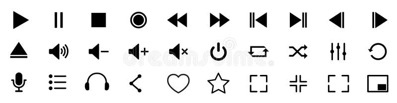 Media player control icon set, interface multimedia symbols and audio, media player buttons, music speaker volume â€“ vector