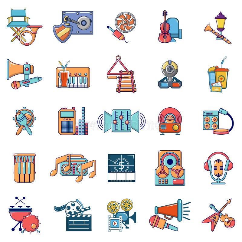 Media Recreation Icons Set, Cartoon Style Stock Vector Illustration