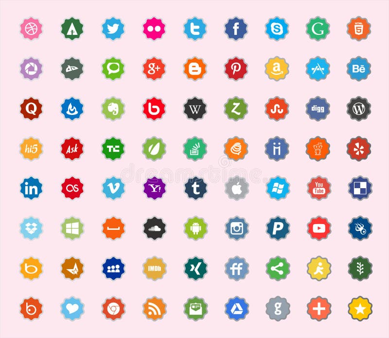 Collection of 72 most popular social media and network color flat icons. Vector illustration. Collection of 72 most popular social media and network color flat icons. Vector illustration