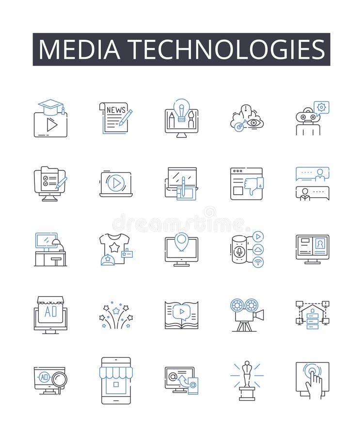 Media technologies line icons collection. Digital devices, Information systems, Communication tools, Computer programs stock illustration