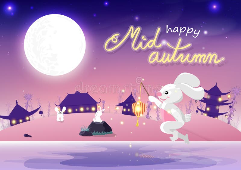 Mediados de otoño, historieta linda del conejito con la Luna Llena, ejemplo feliz del vector del fondo de la celebración del fest stock de ilustración Mediados de otoño, historieta linda del conejito con la Luna Llena, ejemplo feliz del vector del fondo de la celebración del fest stock de ilustración