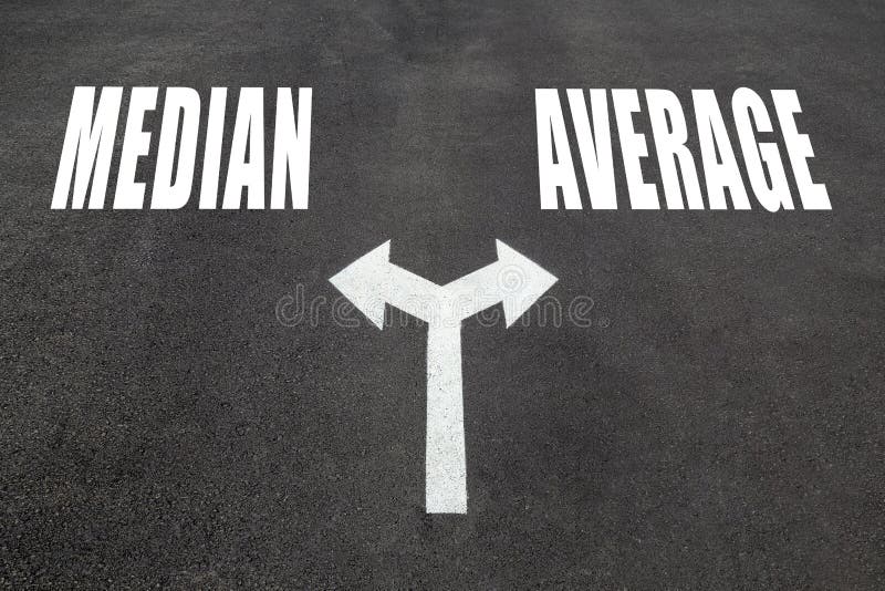 Median vs average choice concept, two direction arrows on asphalt. Median vs average choice concept, two direction arrows on asphalt.