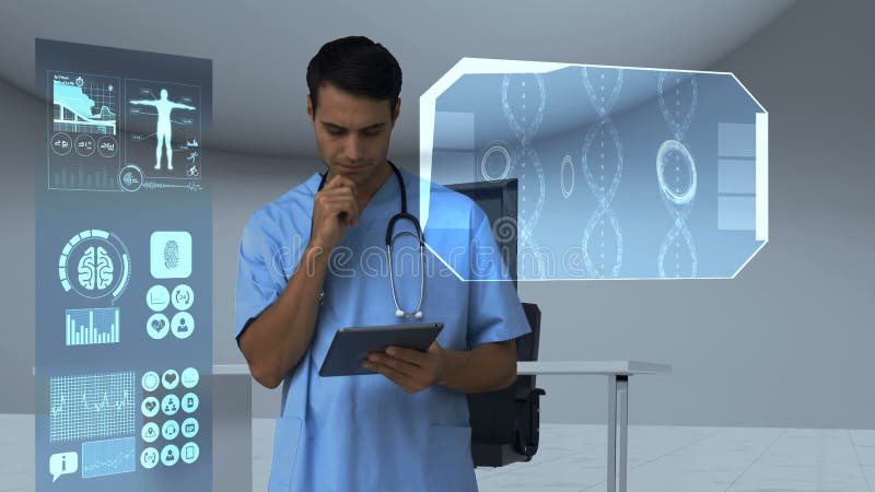 Medic care analizează pictogramele medicale generate digital pe tabletă vector illustration