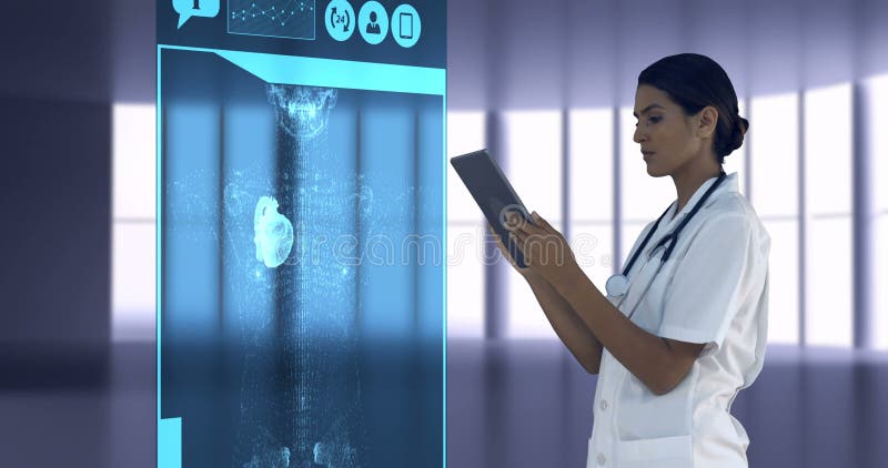 Medic care analizează pictogramele medicale generate digital pe tabletă vector illustration