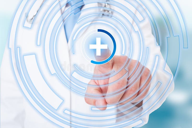 Medic hand pointing on the medical sign on touchscreen as safety medicare concept