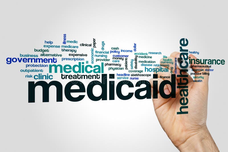 Medicaid word cloud. Concept on grey background royalty free stock image