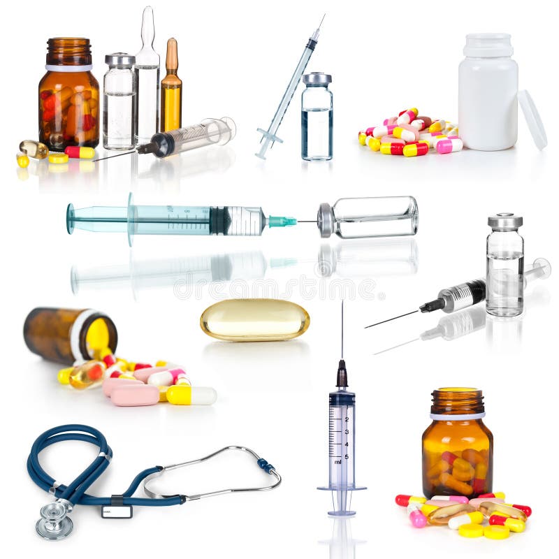 Medical ampules, bottles, pills and syringes