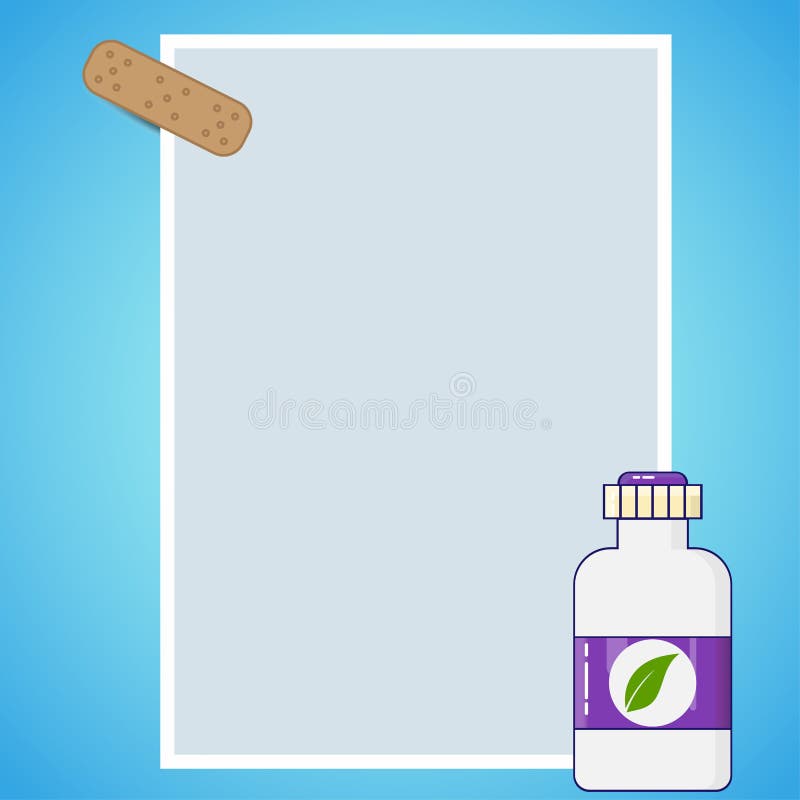 Medical background, a sheet of paper attached with a plaster, a bottle of medicine isolated on a blue background royalty free illustration Medical background, a sheet of paper attached with a plaster, a bottle of medicine isolated on a blue background royalty free illustration