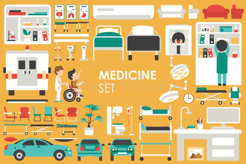Medical Big Collection in flat design background concept. Infographic elements set with hospital staff doctor and nurse vector illustration Medical Big Collection in flat design background concept. Infographic elements set with hospital staff doctor and nurse vector illustration