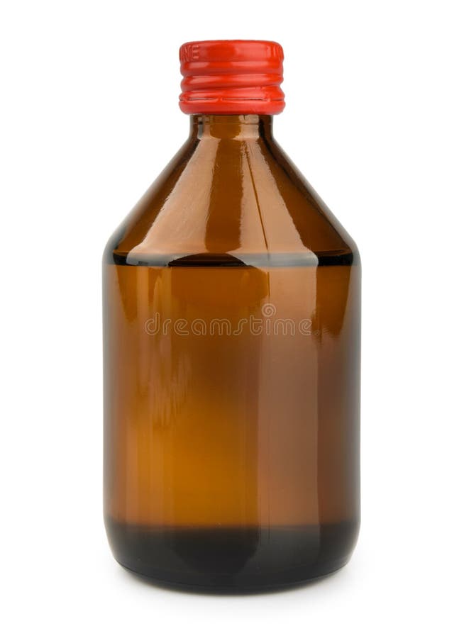 Medical Bottle of Brown Glass with Liquid Isolated on White Stock Photo