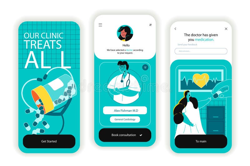 Medical clinic concept onboarding screens. UI, UX, GUI user interface kit vector illustration