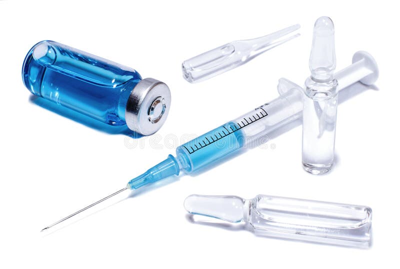 Medical concept: ampules, phial and syringe with blue vaccine