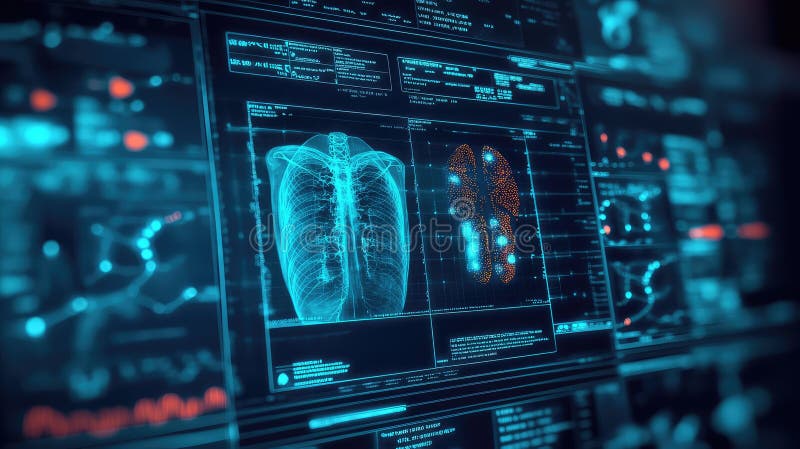 Digital interface displaying human rib cage and lung scans with various data visualizations, representing advanced medical diagnostics and artificial intelligence in healthcare. Artificial intelligence lungs stock images, royalty-free photos and pictures