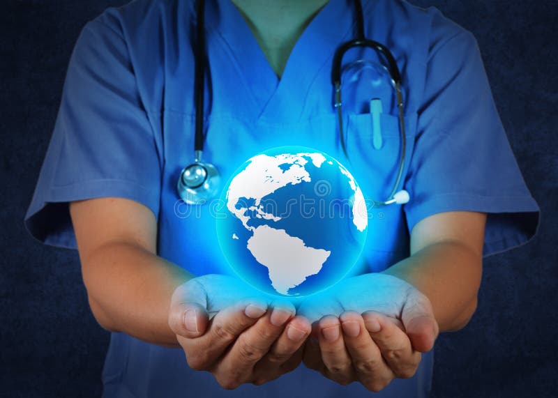 Medical Doctor holding a world globe in his hands as medical net