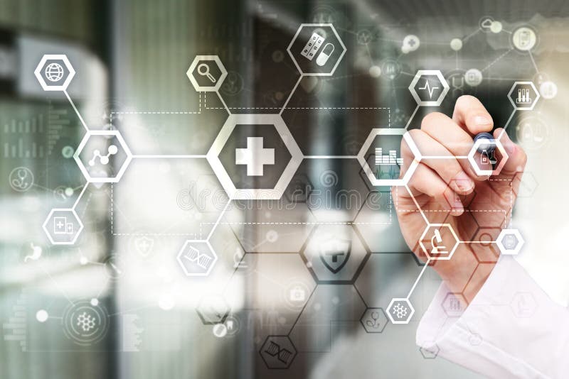 Medical doctor working with modern computer virtual screen interface. Medicine technology and healthcare concept. stock images Medical doctor working with modern computer virtual screen interface. Medicine technology and healthcare concept. stock images