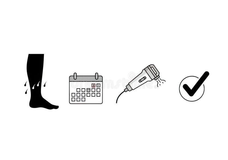 Medical equipment including compression stocking, calendar, injection syringe, and checkmark symbol stock illustration