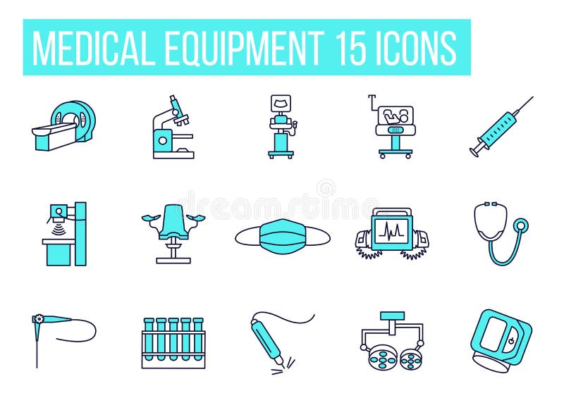 Medical equipment line icons set. Blue color. Vector illustration examination, MRI, x-ray, ultrasound machines, mask