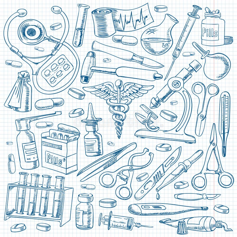 Medical Equipments and Tools in the Freehand Drawing Style Stock Vector