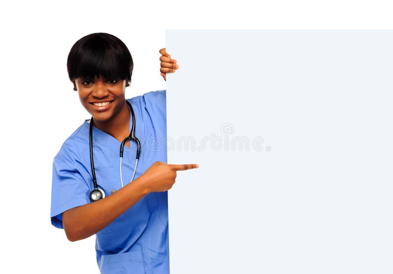 Medical expert pointing towards placard