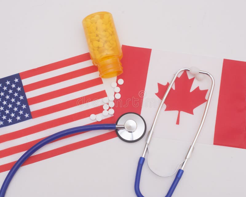 Medical insurance cost in the Canada  vs USA with prescroption pills and stetoscope