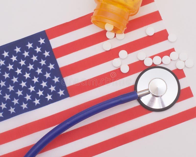 Medical insurance cost in the United States of America with prescroption pills and stetoscope