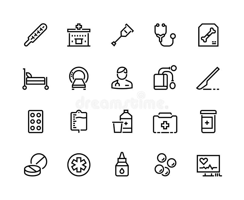 Medical line icons. Healthcare and insurance, prescription and different pills, pharmacy drugs symbols. Vector clinic