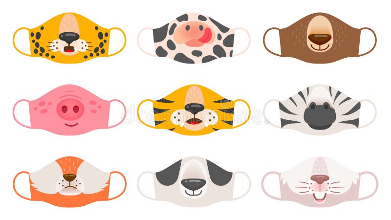 Medical mask with animals faces. Tiger, pig and zebra, bear and rabbit, fox and cow kids covid-19 protective masks print