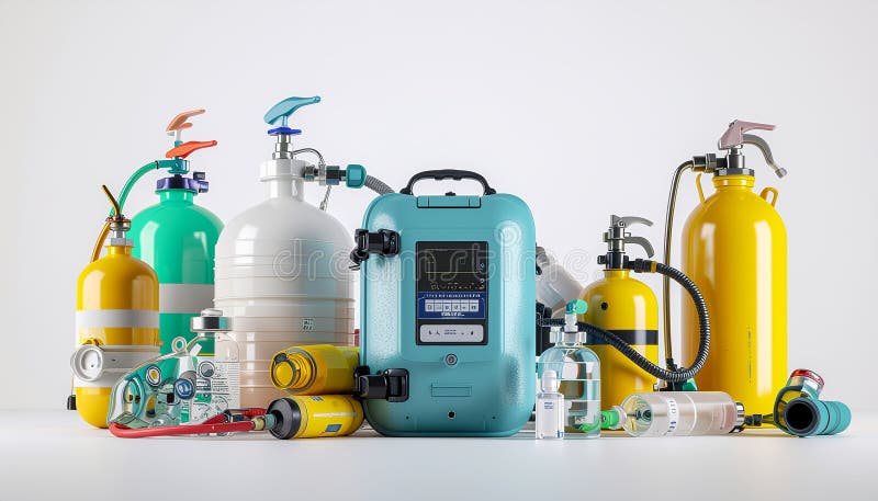 Medical Oxygen Concentrator with Various Gas Cylinders and Accessories in Laboratory Setting royalty free illustration
