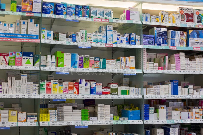 Medical pills and medical drugs on pharmacy stand in supermarket Siam Paragon. Thailand