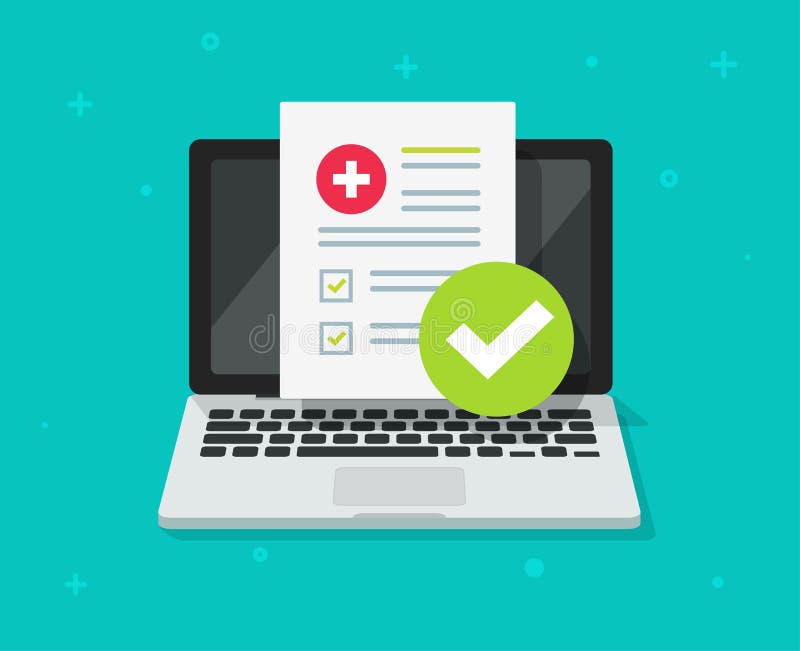 Medical prescription digital document or online test results report on laptop computer screen vector, pc with online royalty free illustration