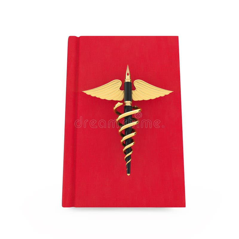 Medical Publication Concept. Golden Fountain Writing Pen as Gold Medical Caduceus Symbol over Red Medical Book. 3d Rendering