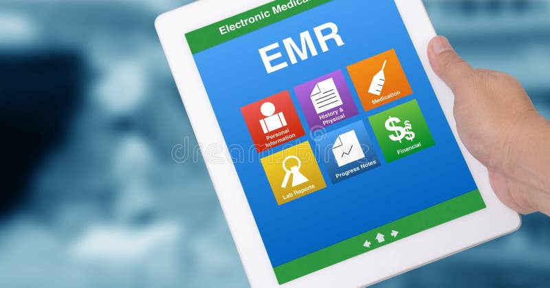 Medical record system show on tablet computer in someone hand. stock images